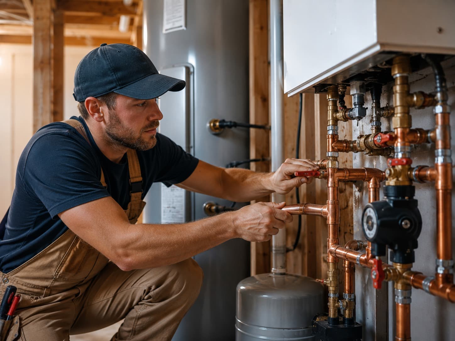 Plumbing and heating technician working on copper piping