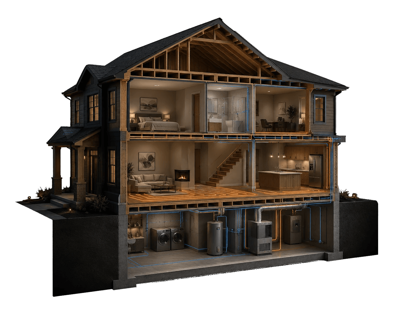 House construction, plumbing, heating and mechanical systems cutaway